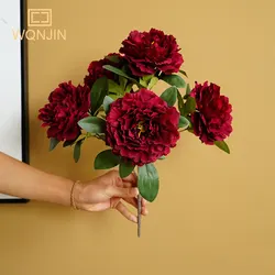 WQNJIN-Buquê De Flores Artificiais, 5 Cabeças Grandes, Rosa, Peônia Vermelha, Flor Falsa Para Casa, Noiva, Decoração De Casamento, Decoração De Casamento