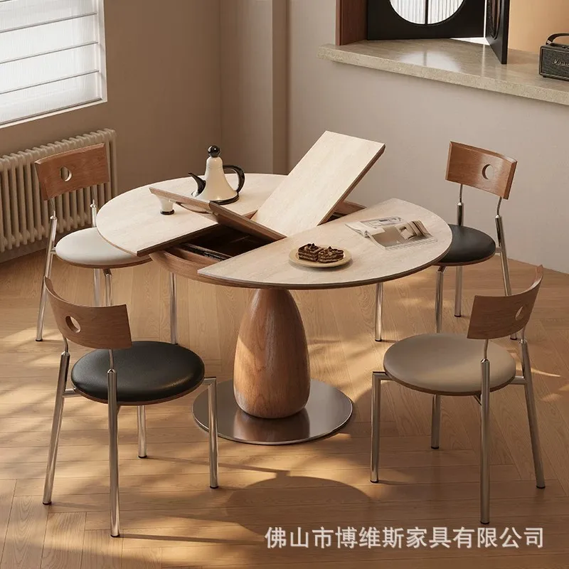 HYS travertine rock slab solid wood telescopic round dining table becomes oval stretching table small apartment modern folding