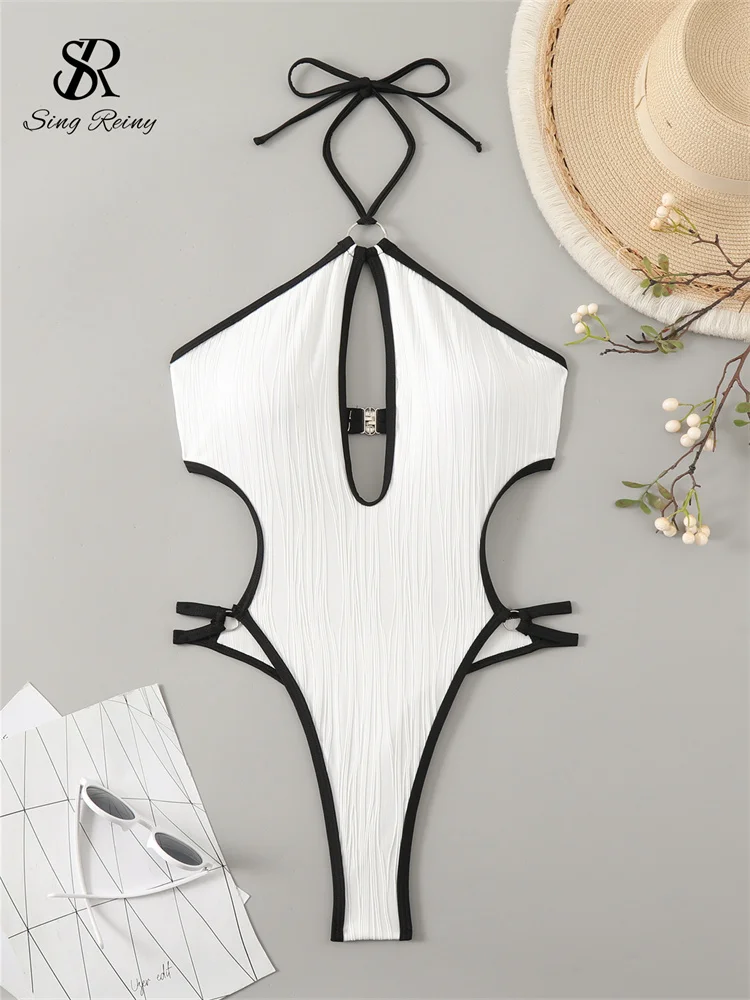

SINGREINY Hollow Out Halter Bikini Swimsuits Irregular Sheath Short Bodysuits Fashion Women Backless Beach Style Sexy Playsuits