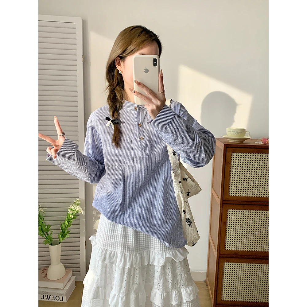 

Blue Striped Stand Collar irt Women's Long Sve Spring Summer High End Feel Hong Kong Sle Top Quali Ladies' irt