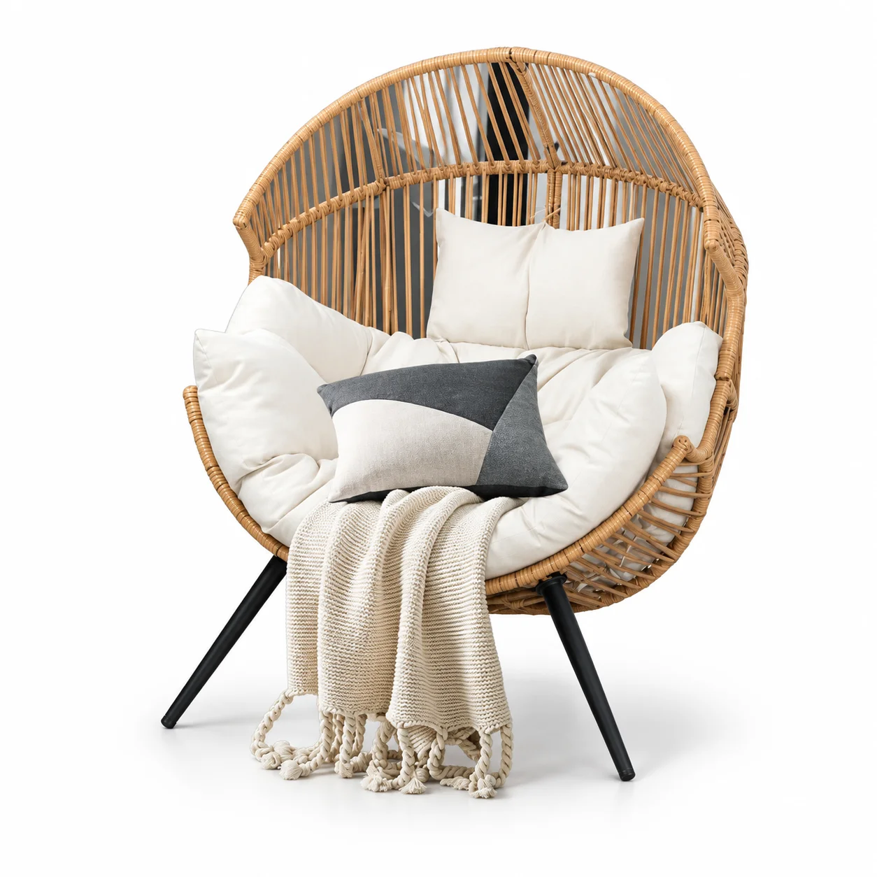 Comfortable and minimalist black portable folding rattan chair with sponge cushion, seat rotatable frame, indoor/outdoor garden
