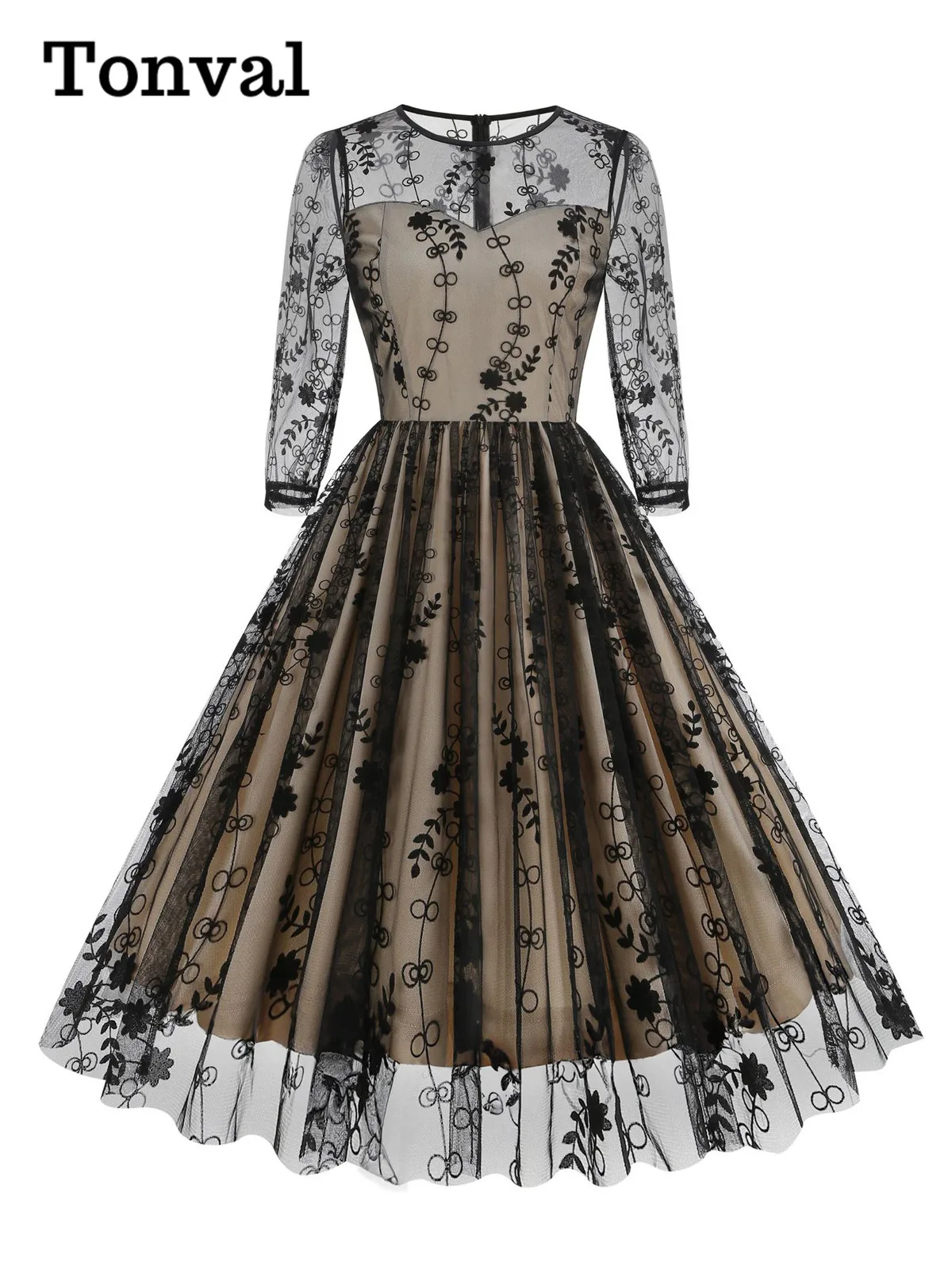 Tonval Floral Embroidered Mesh Overlay Elegant Banquet Party Women Dress 3/4 Length Sleeve Birthday Vintage Clothes Midi Dresses