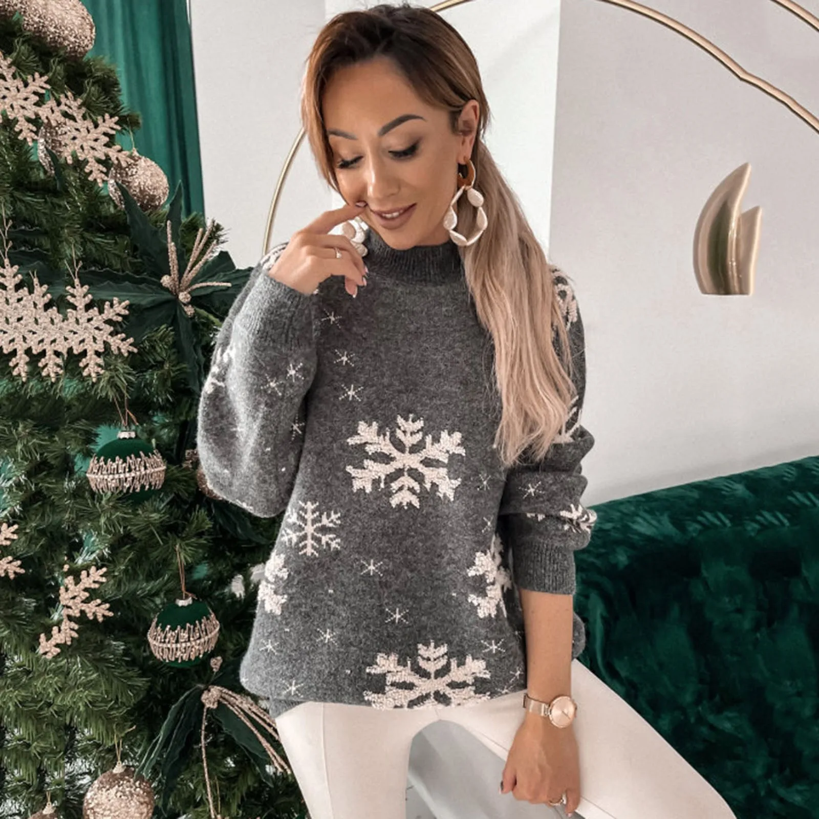 Fashion Women Sweaters 2024 Christmas Snowflake Pattern Long Sleeve Crew Neck Knitted Sweater Womens Autumn Pullovers Knitwear