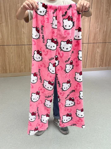 Sanrio Hello Kitty Calças de flanelasCalças femininas de lã kawaii Anime Cartoon Casual Home Pants, pijama Halloween, outono, 2024