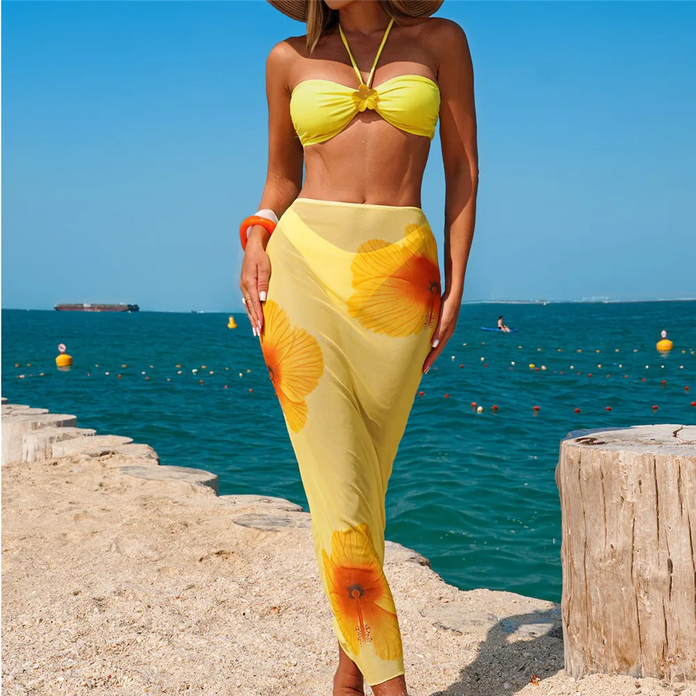 

3D Flower Bandeau Bikinis Floral Mesh Skirts Cover Ups Swimwear Sexy Swimsuit Women 2026 Beachwear String 3 Piece Bikini Set