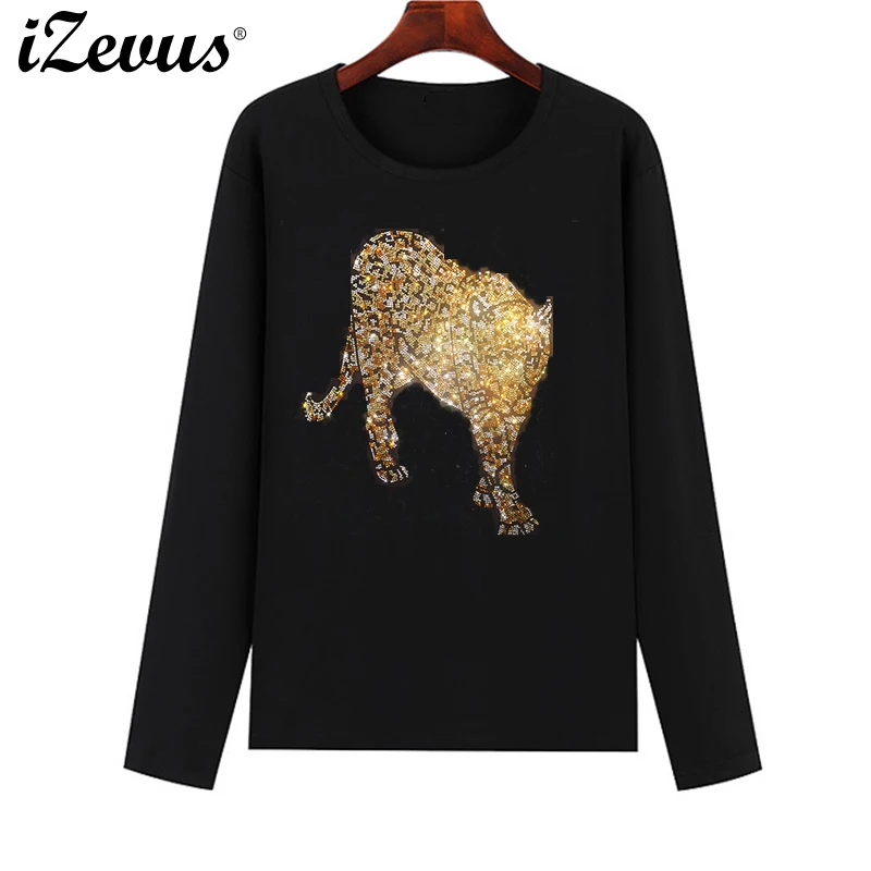 Hot sale high quality women's fall long-sleeved casual T-shirt super shiny cheetah iron drill flower leopard drill figure T-shir