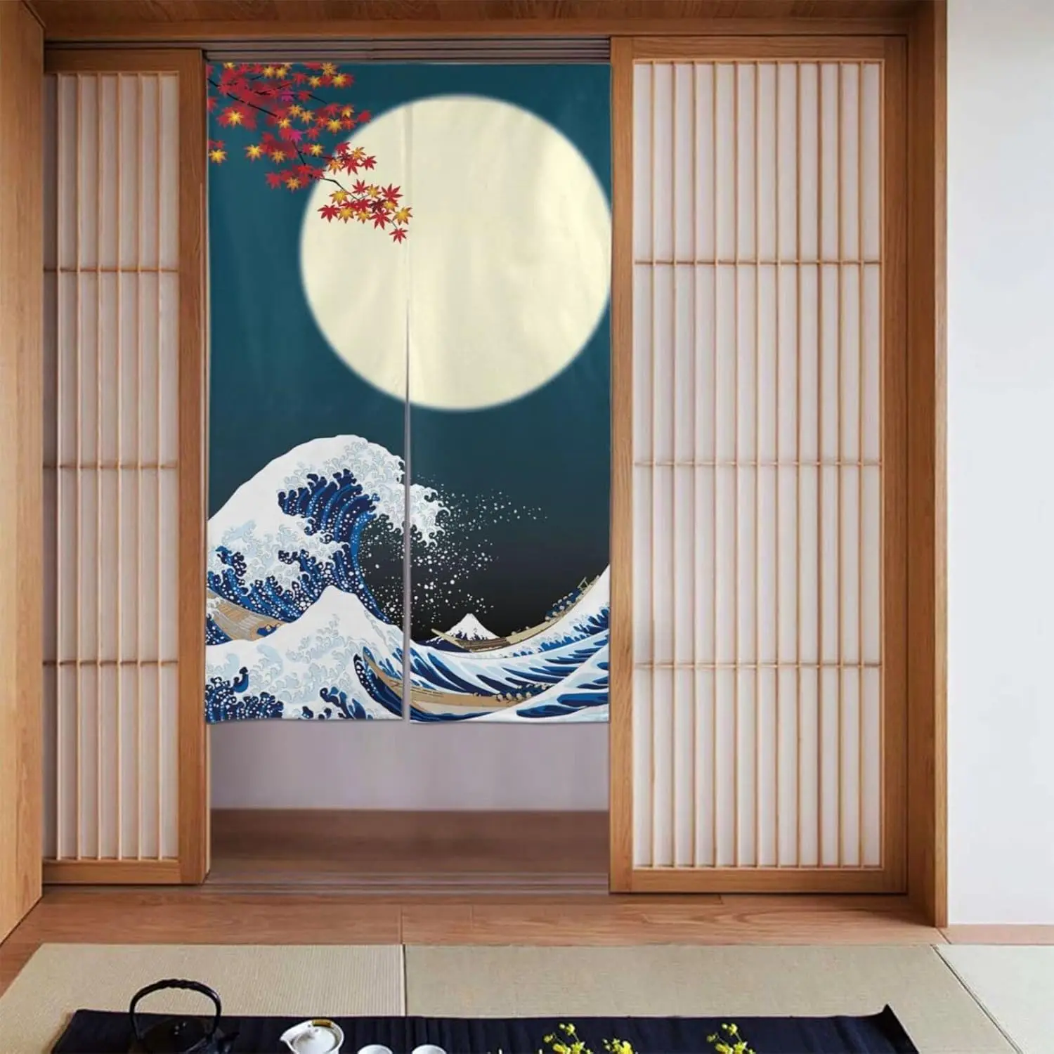 Japanese Curtain Doorway Divider Great Wave and Full Moon Restaurant Door Curtain Tapestry for Home Decoration