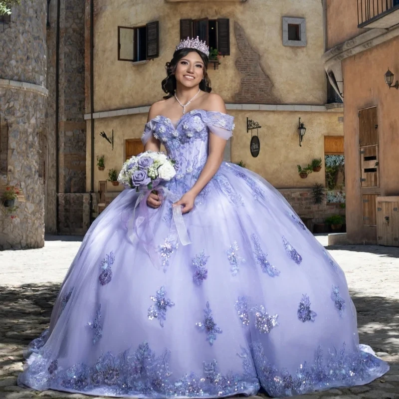 

Lavender Shiny Ball Gown Quinceanera Dresses Off The Shoulder Sequin Applique Lace Beading TTull Party Birthday Sweet 16 Dress