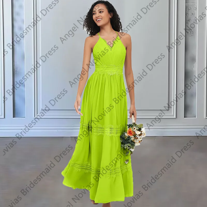 

Customized Ankle Length Green Chiffon Bridesmaid Dresses with Straps Wedding Party Maid Of Honor Dress robes invitée mariage