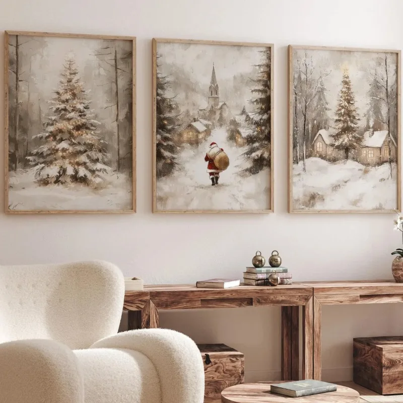 Vintage Christmas Wall Art 3pcs, Neutral Winter Snow Forest Canvas Prints, Xmas Santa Cottage Poster, Home Decor for Living Room