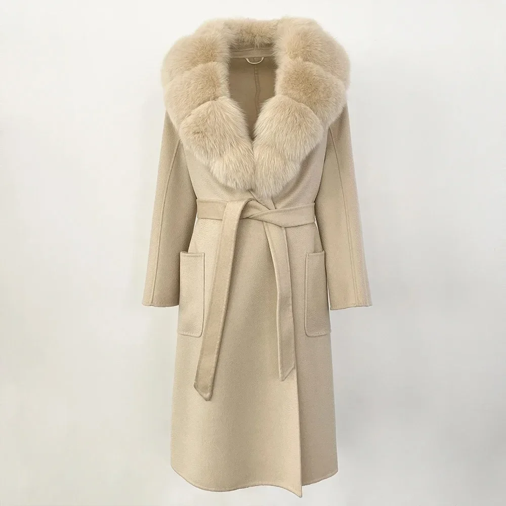 天然リアルフォックスファーカラージャケット 冬用ウール ロングファー レディース 女性用 暖かいアウターウェア 2025 カジュアル服 女性用