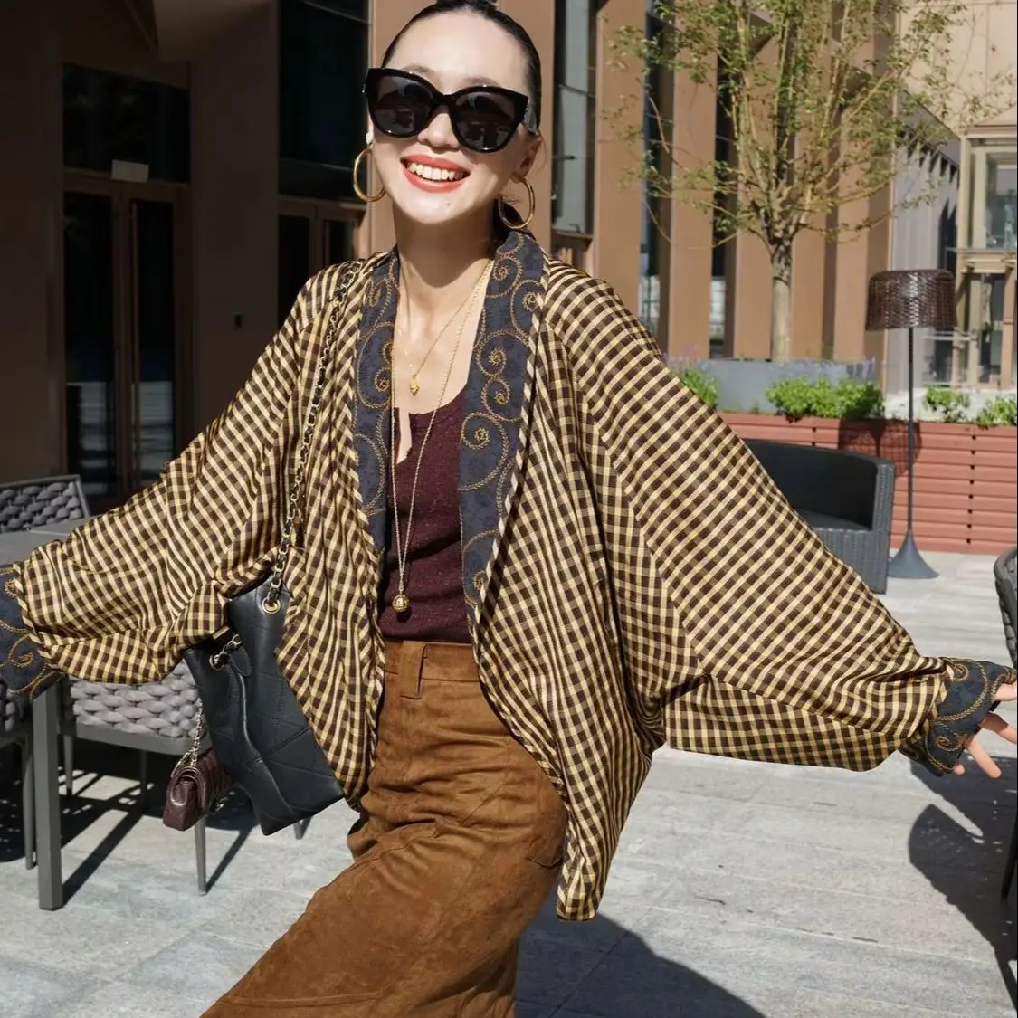 

Женская двусторонняя клетчатая куртка с принтом в стиле ретро, подходит для осени и зимы, свободный и стильный стиль