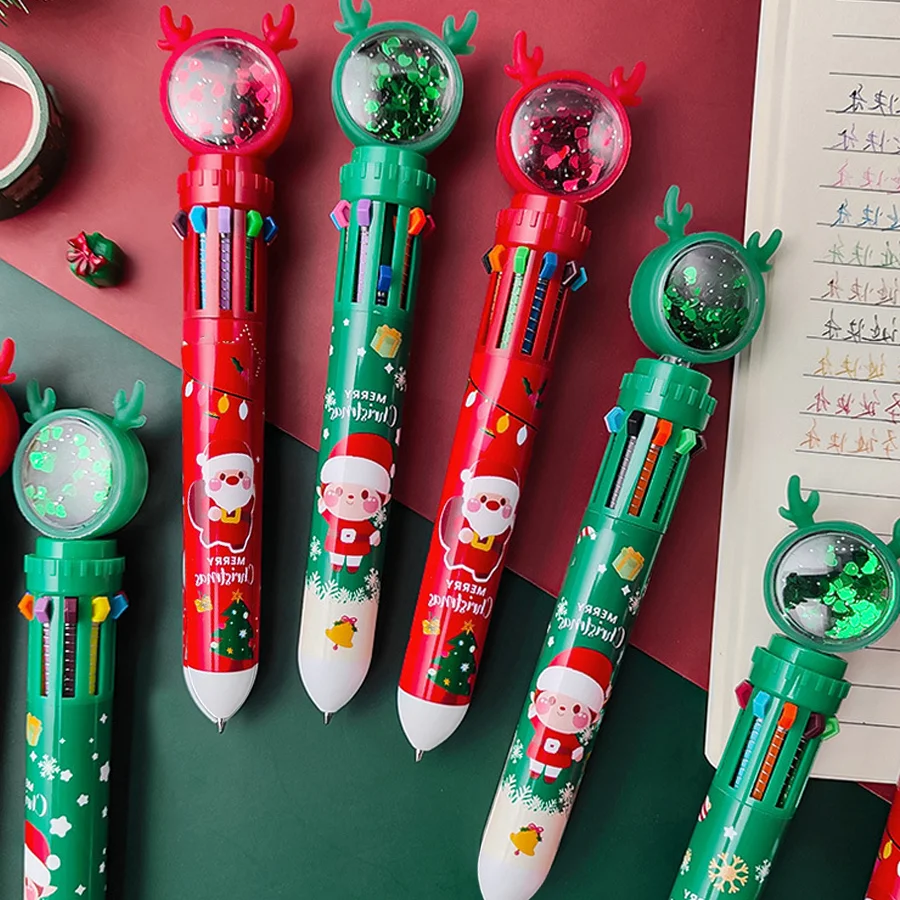 1PC Christmas 10-color Ballpoint Pen Student Press-type Color Pen Santa Claus Presses The Ballpoint Pen 0.5mm School Stationery