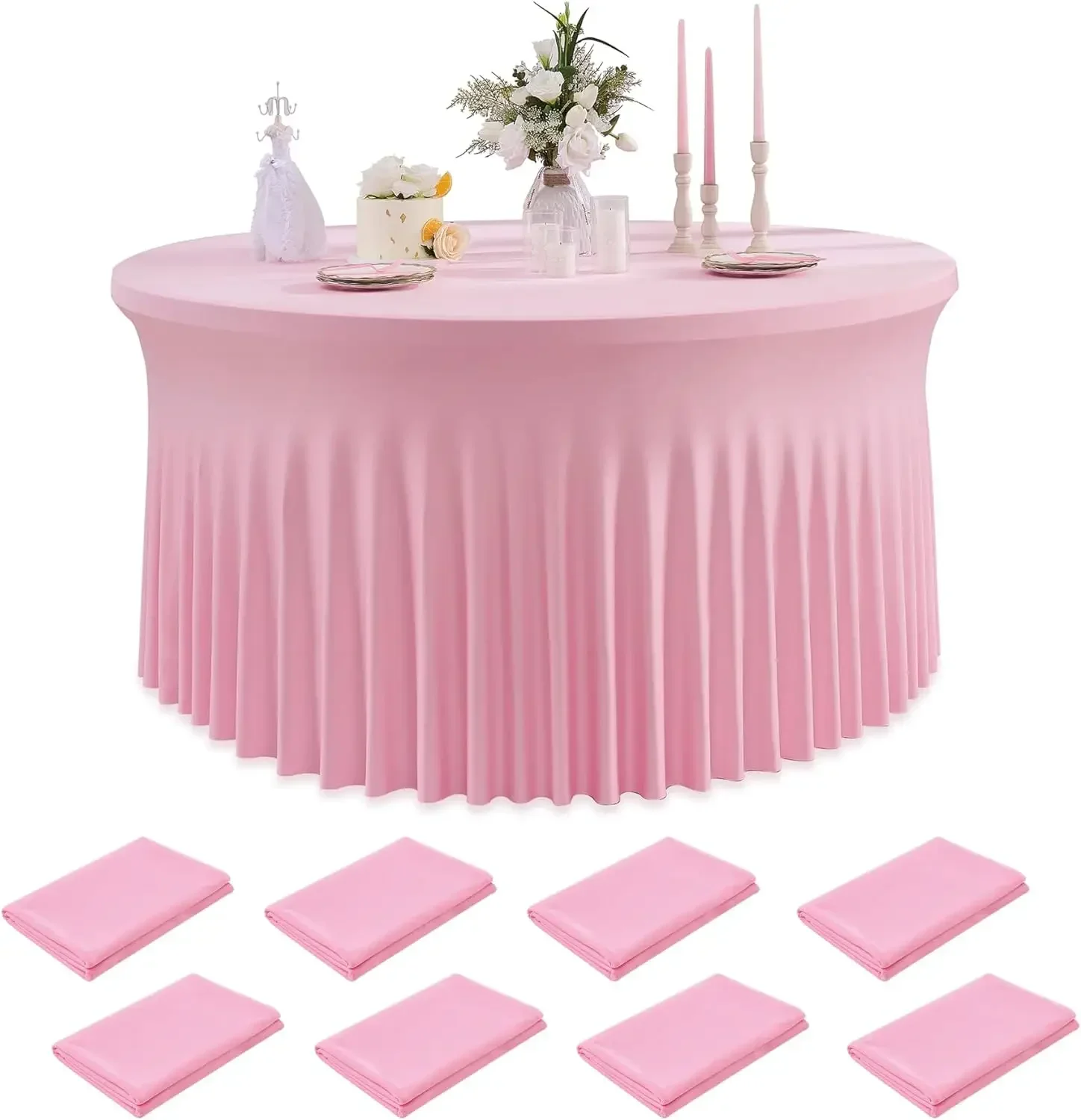 8 Pack Baby Pink Spandex Round Table Cloth for 72 in Tables, Stretchy Fitted 6FT Tablecloths with Skirt for Wedding Party, Wrink