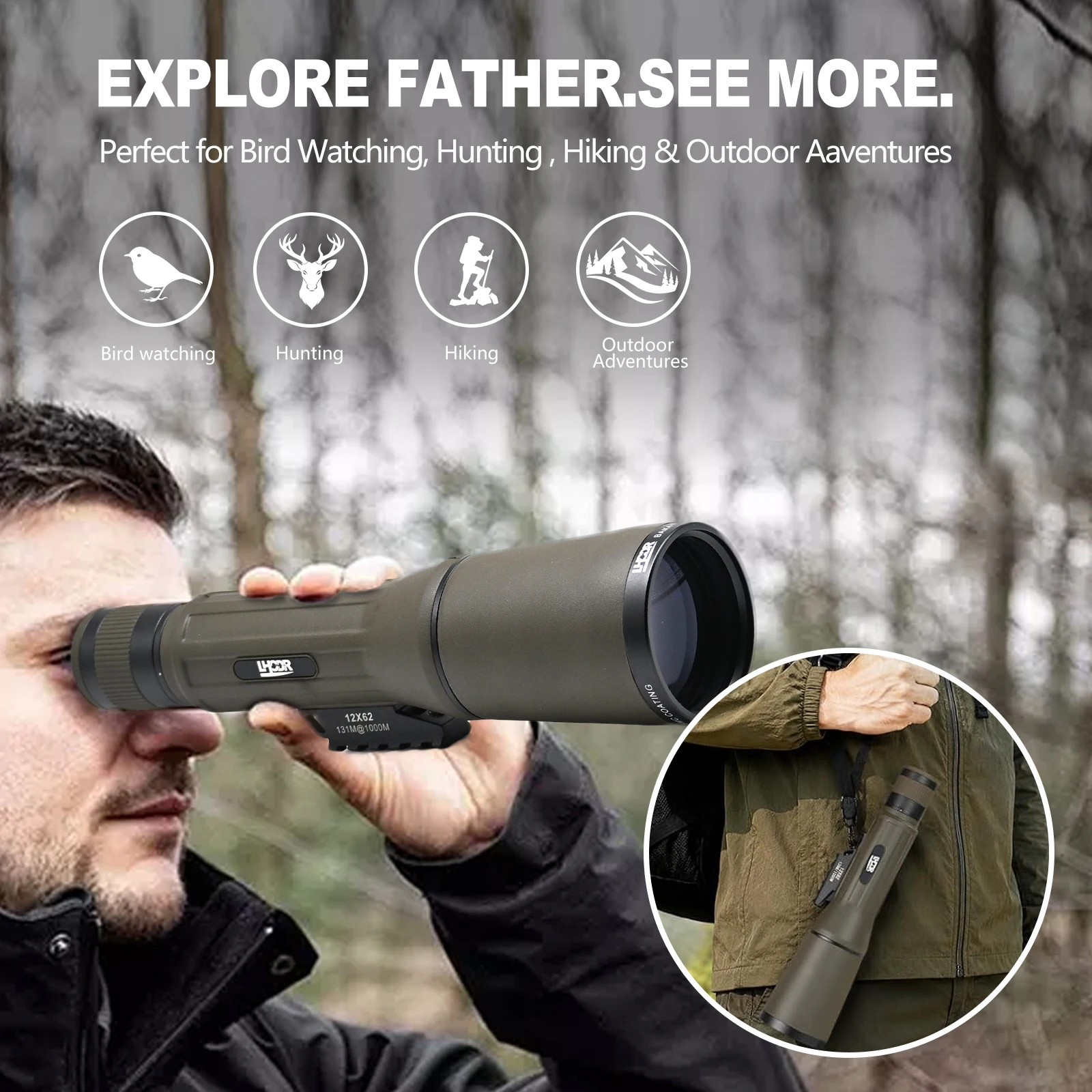 12x62 HD Monocular Telescope with Tripod – High Power Portable Scope for Bird Watching, Hunting, Hiking, Camping & Wildlife Observation (Army Green) 4