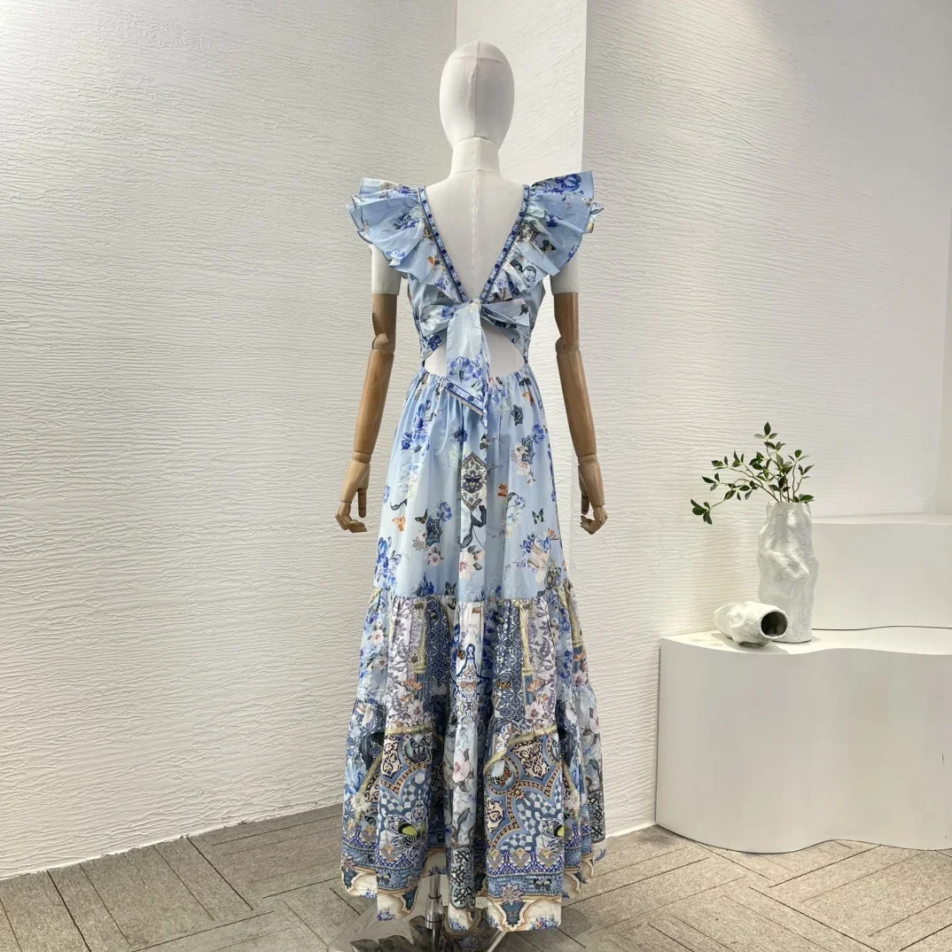 2025 New Blue Floral Print Sleeveless Ruffles Deep V Neck Cut Out Waist Back Maxi Women‘s Dress