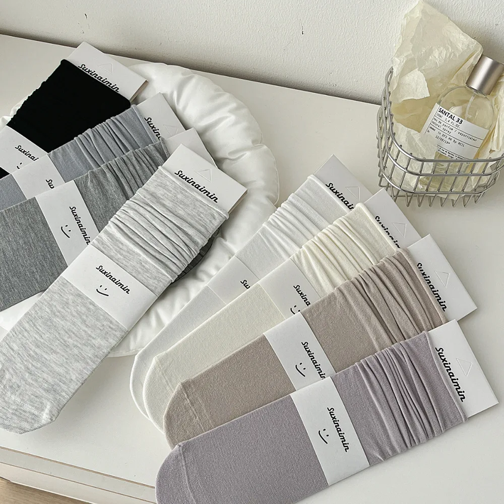 New Women Socks Japanese Fashion Cotton Thin Breathable Long Socks Women Casual Versatile Solid Color Black White Gray Socks Sox