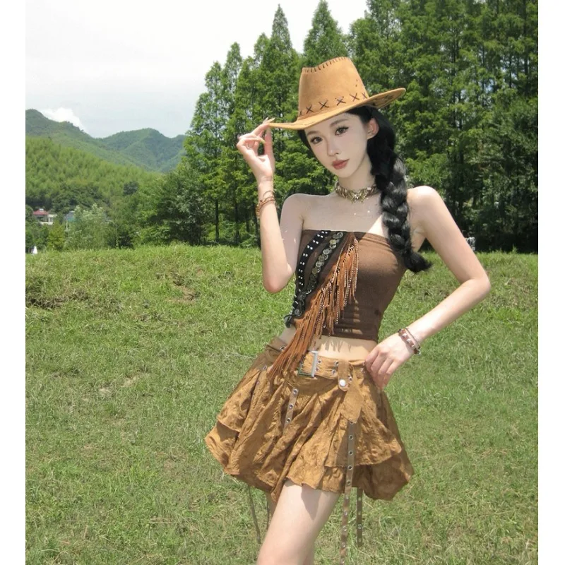 Retro Brown Fringed Western Cowgirl Short Denim Skirt Set Women's Crop Top And Half Skirt Ensemble Casual Holiday Wear