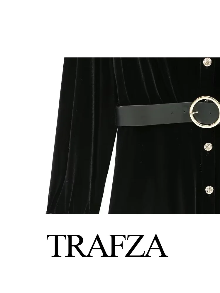 TRAFZA Herbst Frauen V-ausschnitt Langarm Samt Hemd Stil Mini Kleid Weibliche Elegante Pendler Gürtel einreiher Kurzes Kleid