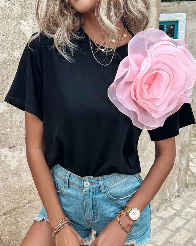 

Pretty Girl 2024 New Fashion Color Block Rose Details Casual Round Neck Plain Short Sleeved T-Shirt Y2K Clothing