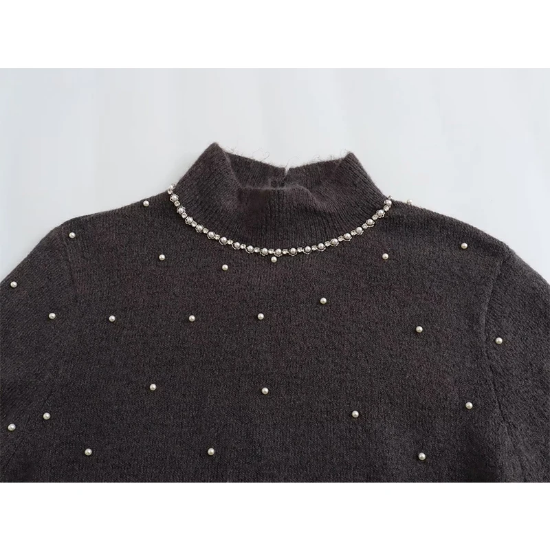 YENKYE New Women Fashion Faux Pearl Appliques Knit Sweater Long Sleeve High Collar Female Pullover Tops