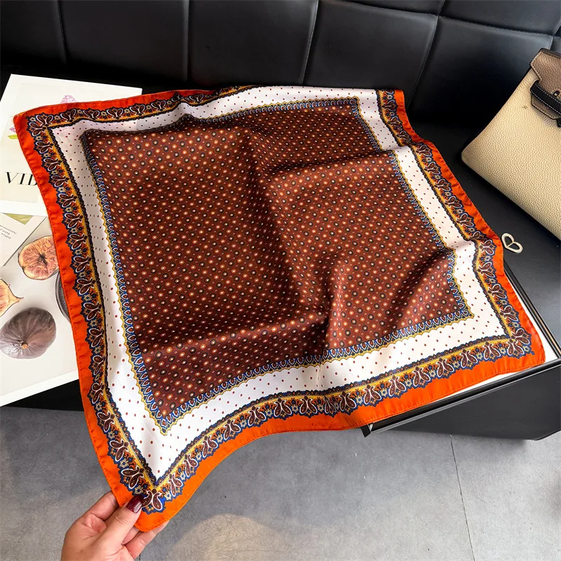 New Design Dot Paisley Print Square Silk Scarf Women Houndstooth Coffee Color Thin Neck Scarfs Vintage Style Sunscreen Headscarf