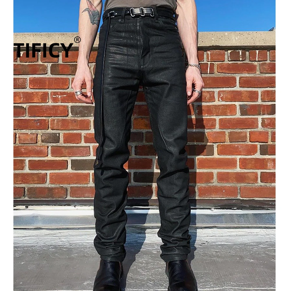 High Street Dark Ro Jeans Pants Classic Men's High Street Dark RO Wax Coating Process Slim Fit Basic Simple Long Denim Pants