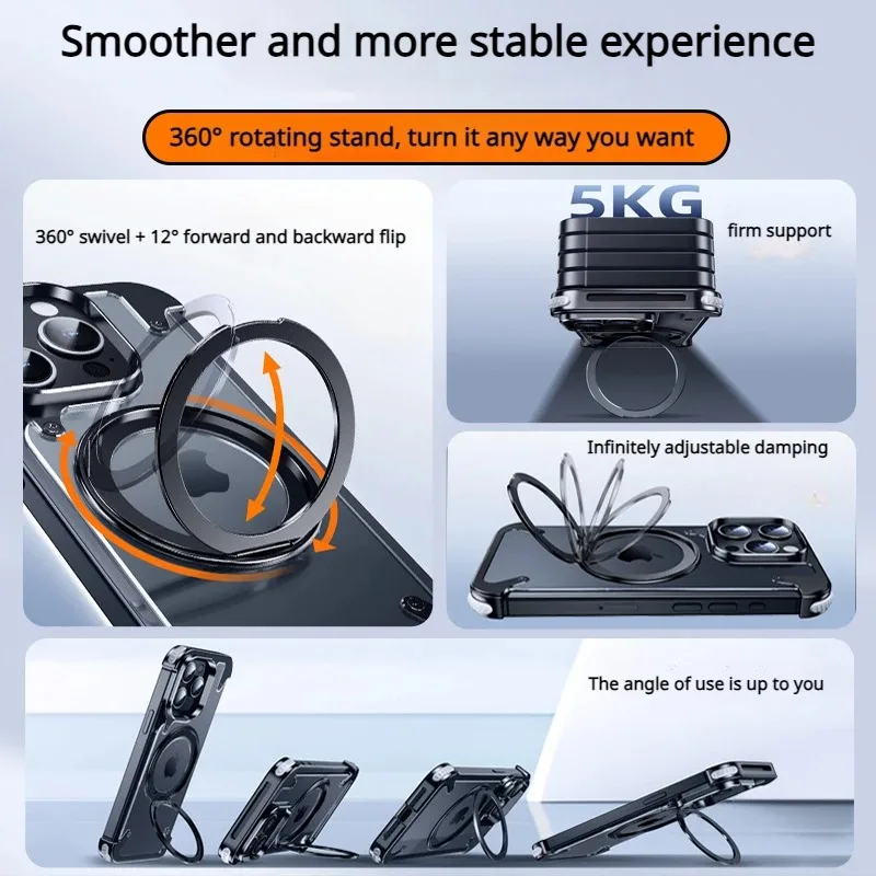 Capa de telefone Eary sem moldura para iPhone 15 Pro com 360 ° Suporte giratório para proteção magnética à prova de choque sem moldura Magsafe