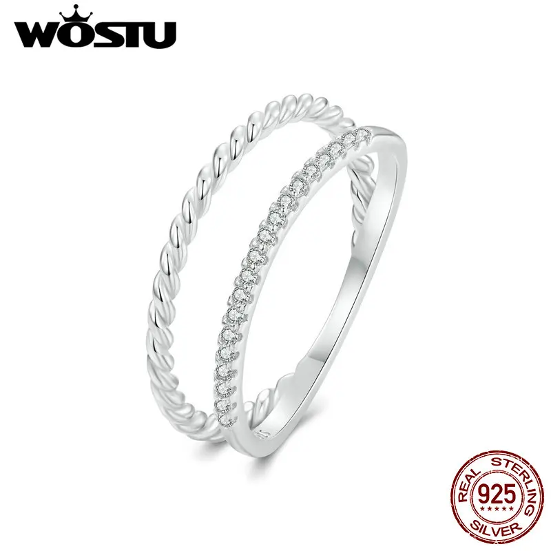 WOSTU Real 925 Sterling Silver Double Laryer Zircon Ring For Women European Simple Zircon Party Stackable Rings Birthday Jewelry