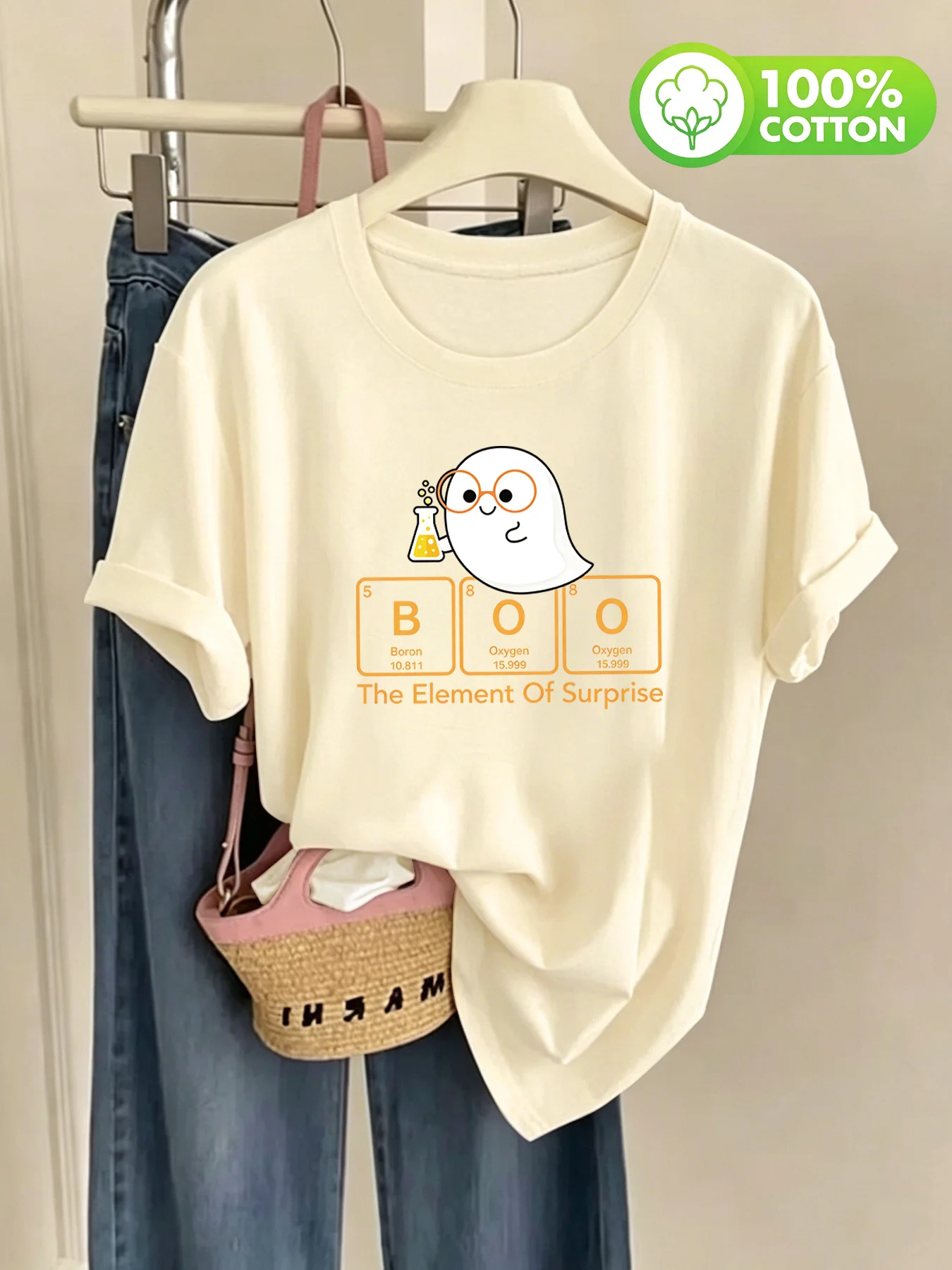 Chemical Element BOO Wearing Glasses Ghost Experiment Test Tube Printed Women's T-shirt Simple and Funny Casual Round Neck Top