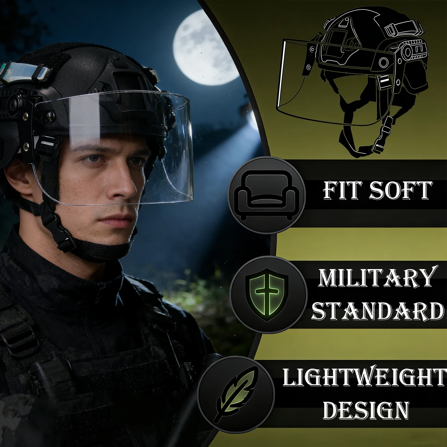 

Tactical MICH 2000 Airsoft Paintball Helmet Set with Transparent Visor & Personal Identification Marker Helmet Light for CS Game