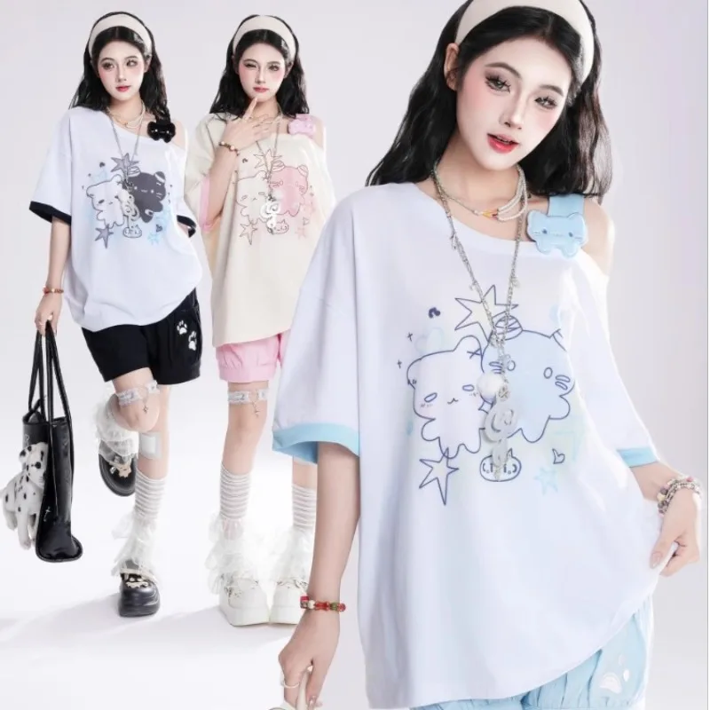 Japanese Cartoon Kawaii Cute Printing Women T-shirt Summer Loose Skew Collar Grunge T-Shirt Y2k Aesthetic Skew Collar Fairy Tees