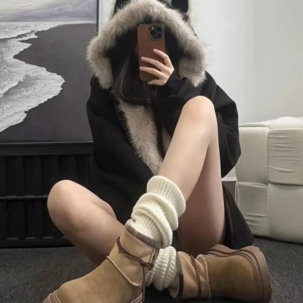 

Solid Cat Ear Fur Patchwork Coat Loose All-match Premium High Street Mujer Chaqueta Warm Thicked Lovely Minority Parkas