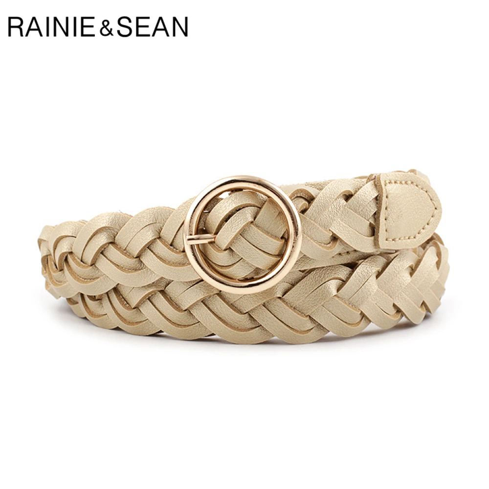 

New Design Golden Womens Woven Belts Braided Belt Pu Leather Gold Silver Round Buckle Casual Fashion Female Dress Belt Sliver