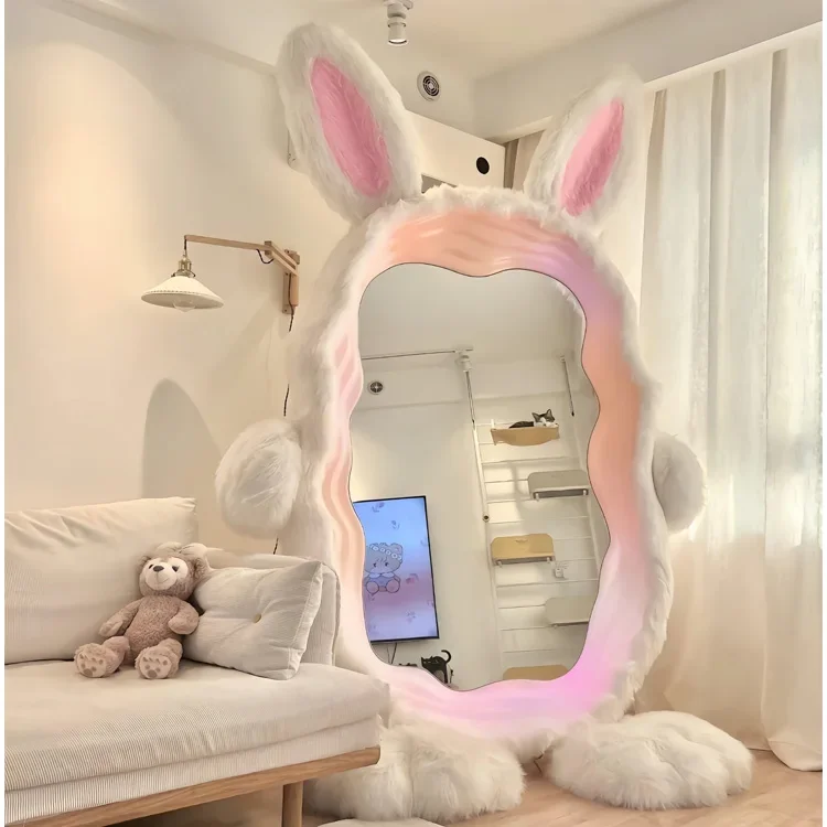 full body beautiful irregular standing mirror rabbit plush mirror