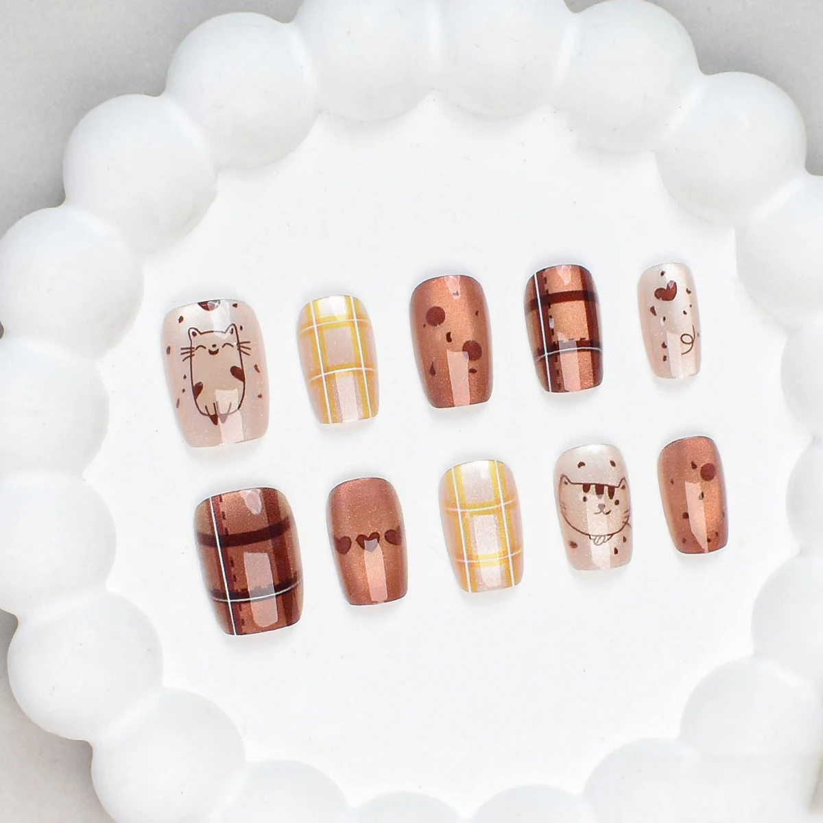 

10 шт. коричневые милые кошки осень-зима кошачий глаз накладные ногти многоразовые женские клейкие накладные ногти пресс на короткие квадратные ногти советы