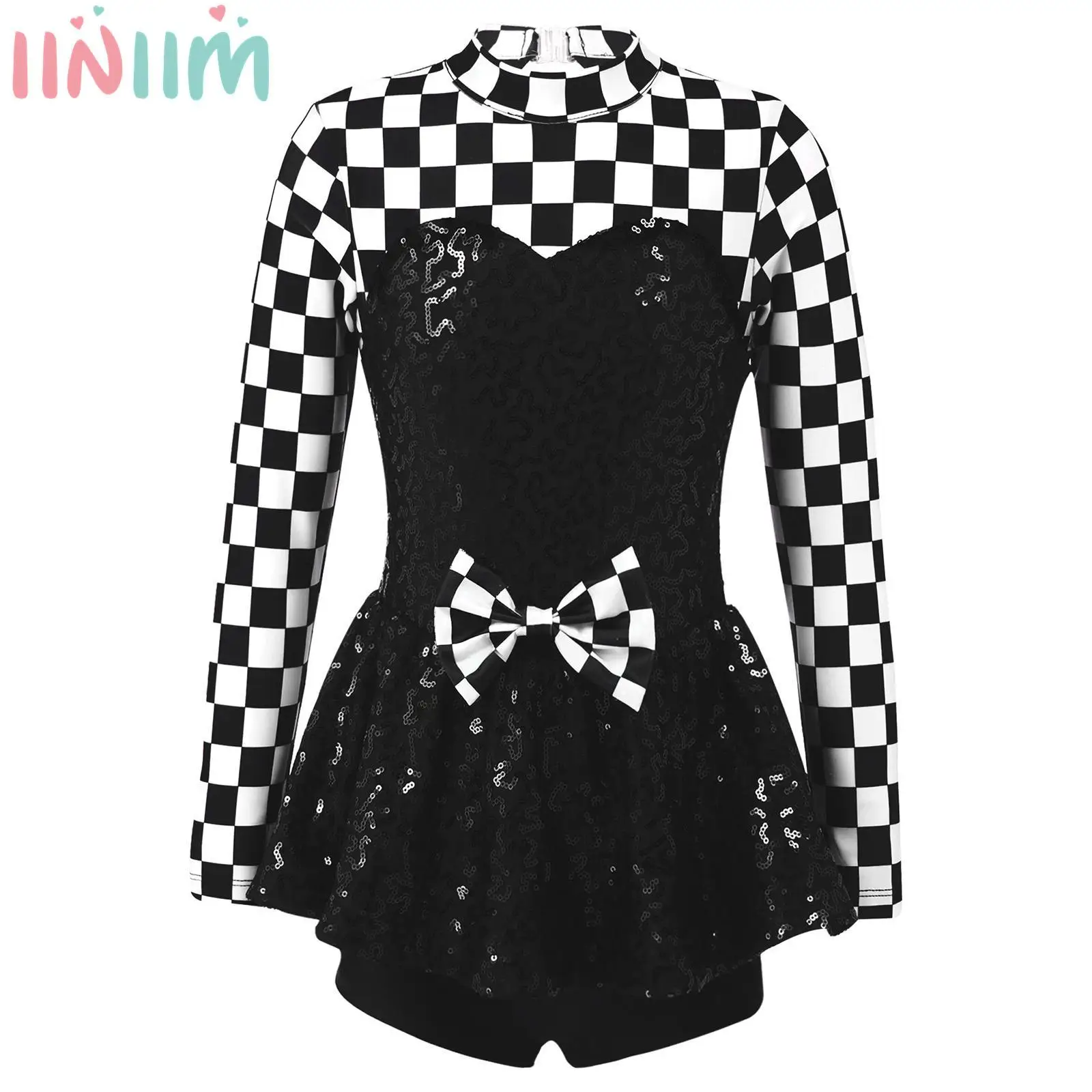 Kids Girls Sequins Racer Biker Cosplay Costume Checkerboard Bowknot Ballet Jazz Dance Bodysuit Halloween Party Performance Dress