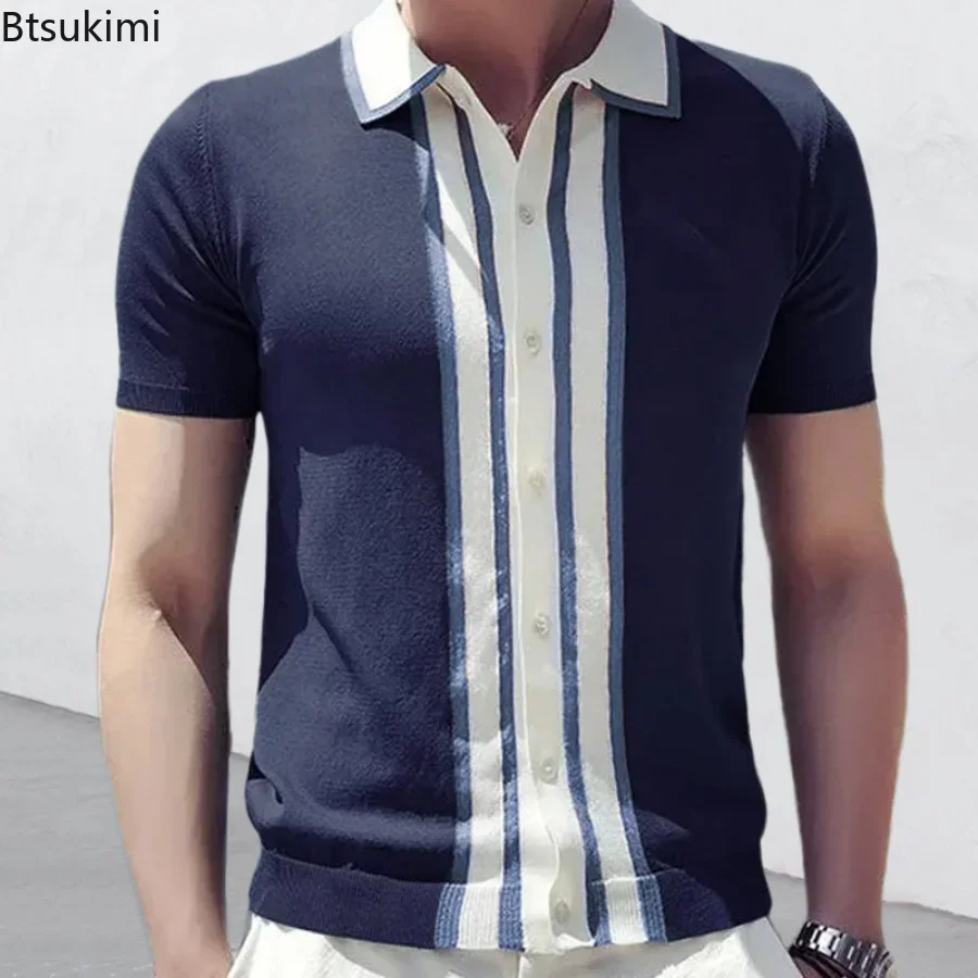 Camisa polo listrada de manga curta masculina, cardigã fino de malha, camiseta com botão de lapela, top estilo britânico, primavera e verão