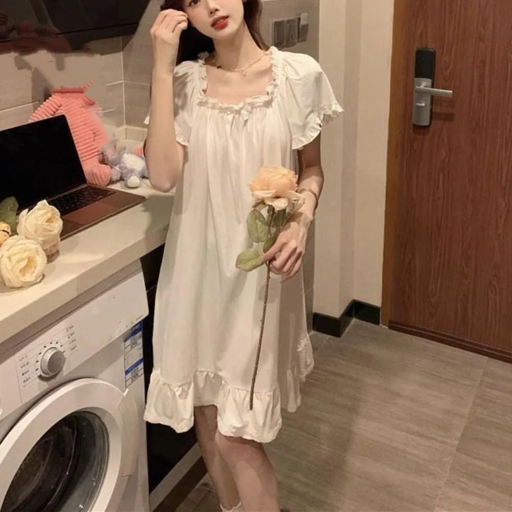 Sweet Bowknot Women's Pajama Dress Loose Home Wear Ruffle Nightdress Sleepwear Short Sleeve Princess Nightgown Female