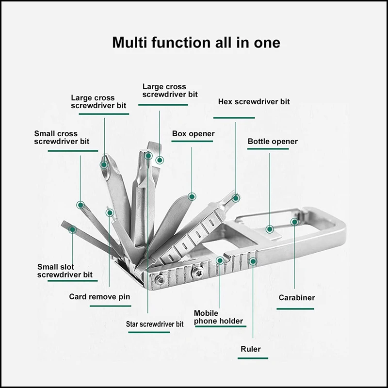 13 In 1 Keychain Multitool Screwdriver Bit Folding Multi Stainless Steel Tool Bottle Opener Portable Pocket Outdoors Camping