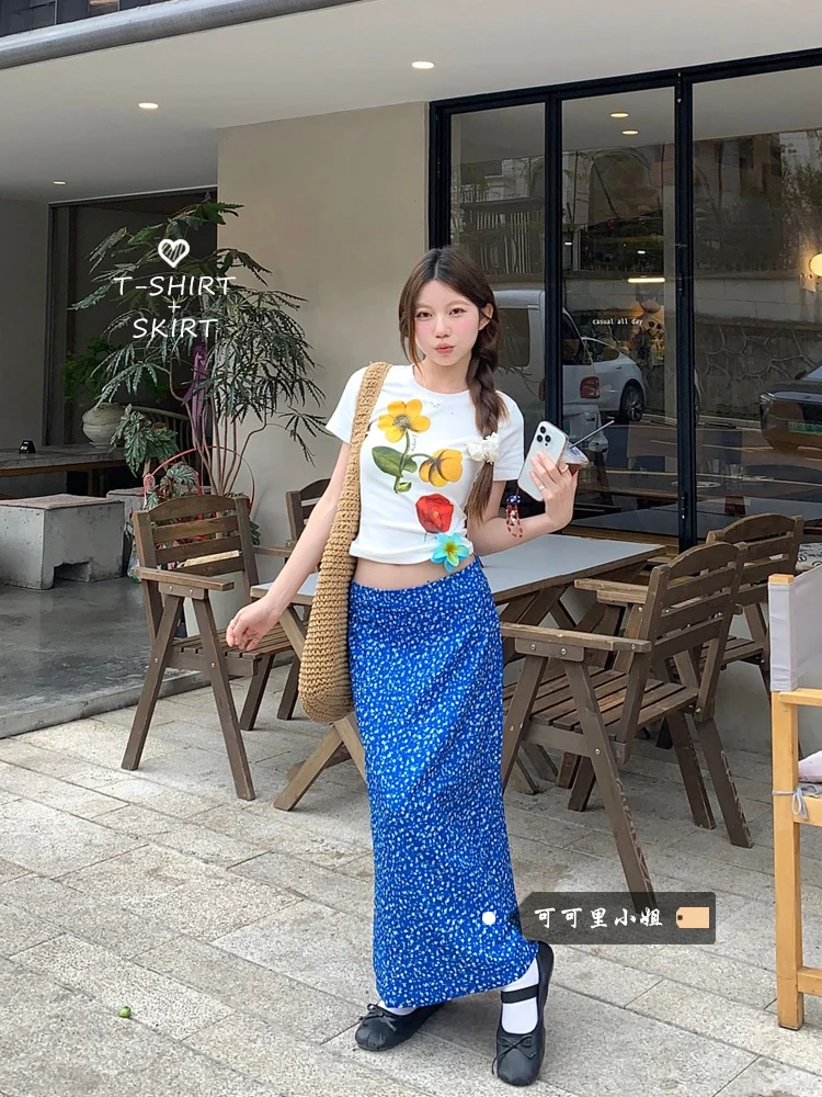 

Korean Style Floral Design Short T-Shirt And Halter Skirt Women's Fashion Summer Outfit Set round Neck Sleeveless Floral Print