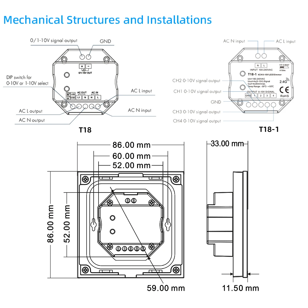 Touch Panel 0-10V LED Dimmer 110V 220V 230V AC High Voltage Input Switching current Touch Panel Wall Mount 0-10V signal Output