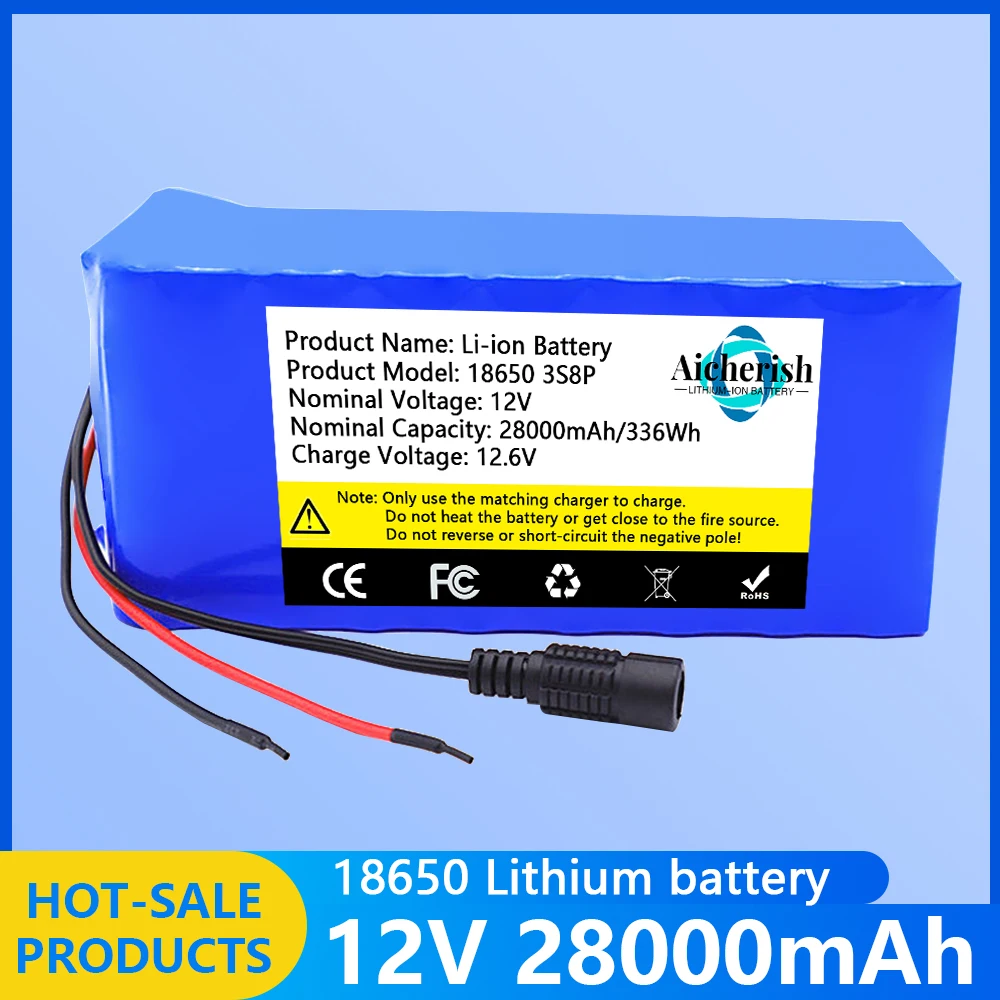 3S8P 12V 28Ah 18650 Lithium ion Battery Pack DC12.6V Super Large Capacity Rechargeable Li-ion Battery with BMS + Charger