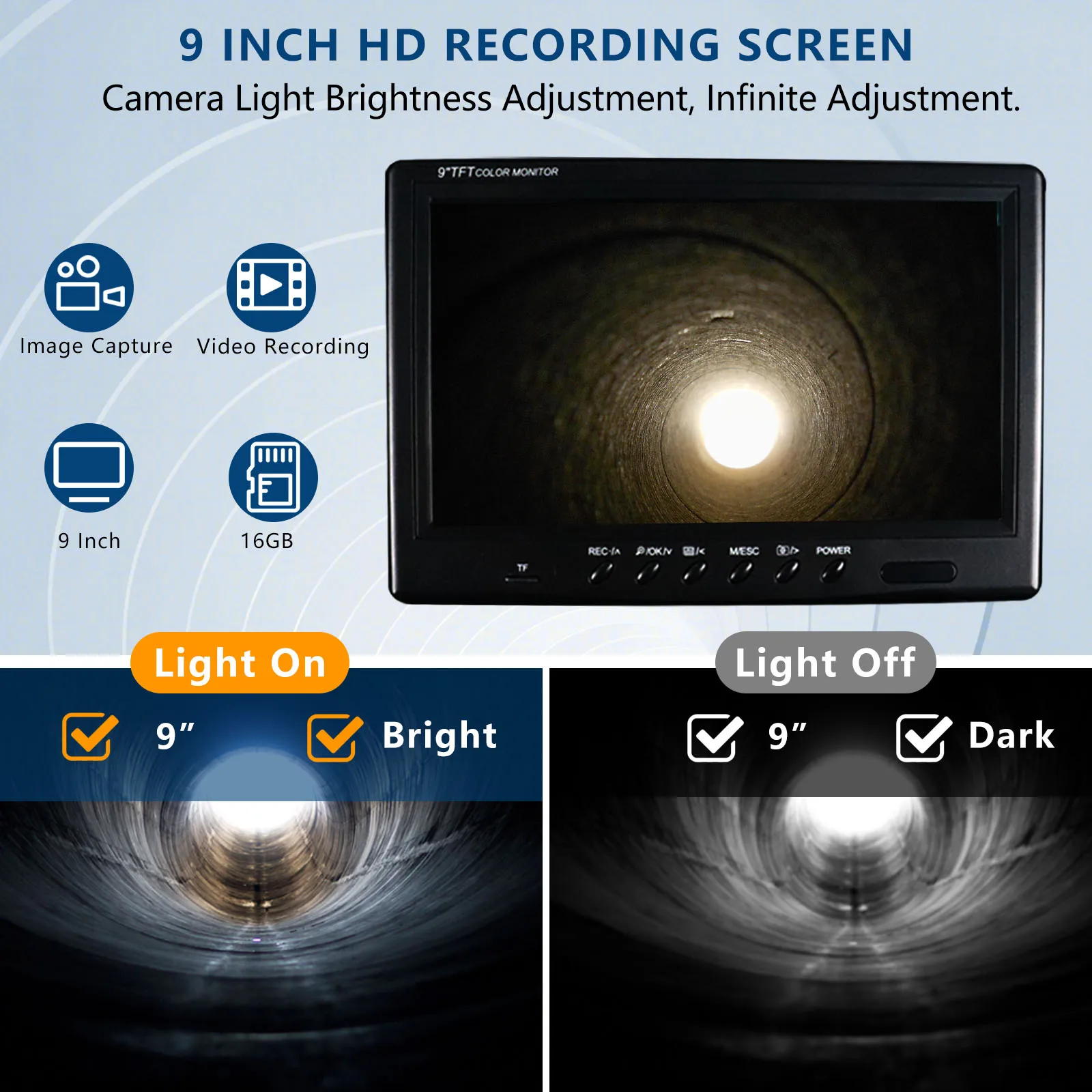 مصنع مقاوم للماء IP68 9 بوصة كاميرا فحص استنزاف Borescope الصناعية مع ضوء لاستنزاف أنابيب الصرف الصحي