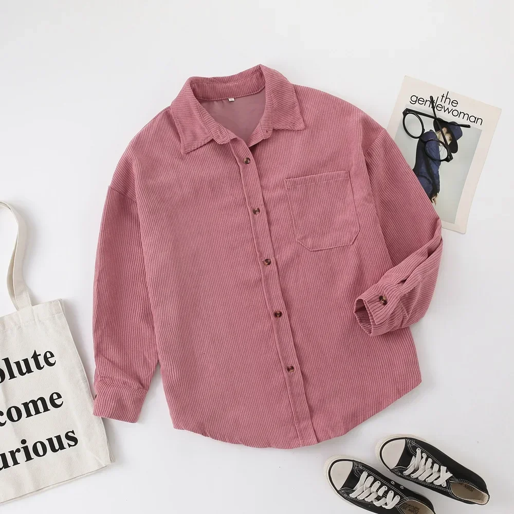 Blusas femininas de veludo monocromático, manga comprida, tops de botão, gola virada para baixo, camisa solta casual feminina, outono e inverno