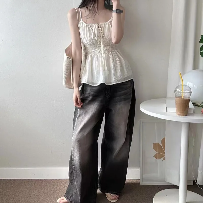 เสื้อกล้ามชีฟองสไตล์เกาหลี ผูกโบว์ จับจีบ ทรงเข้ารูป สายเดี่ยวลำลอง เซ็กซี่ สำหรับผู้หญิง