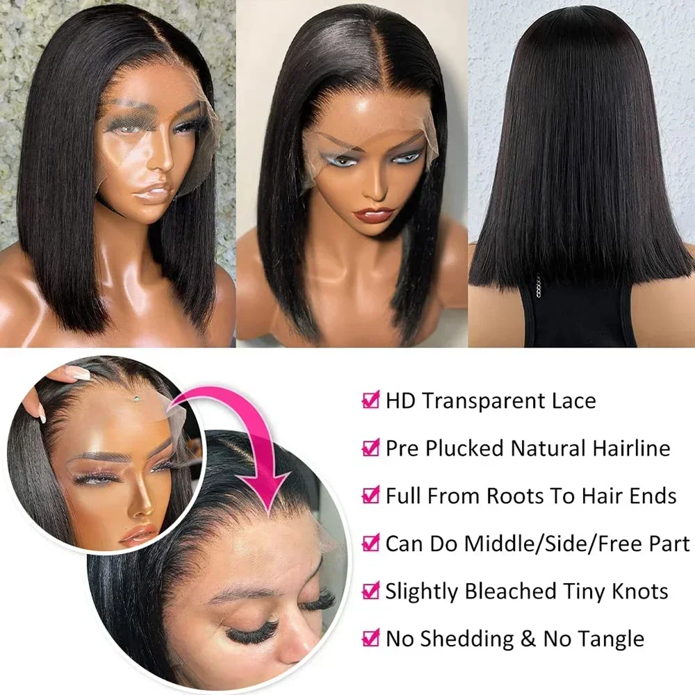 Sleek Bone Straight Bob Wig Lace Front 100% Human Hair Wigs For Women Short Bob HD Lace Frontal Wig 8-16inch Human Hair 200%