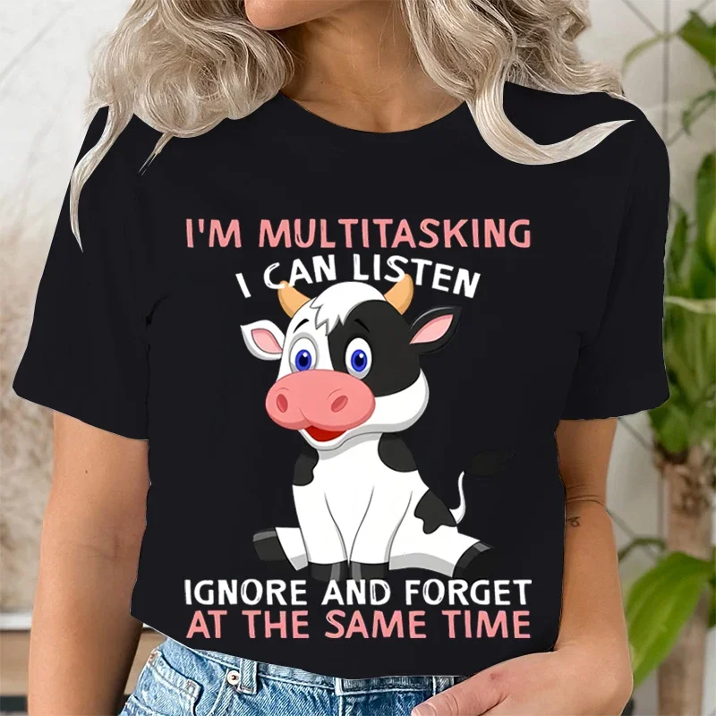 Litter Cute Cow Print Short Sleeved T-shirts I\'M MULTITASKING Graphic Tshirts Women Crew Neck Women\'s T-shirt Summer Casual Tops