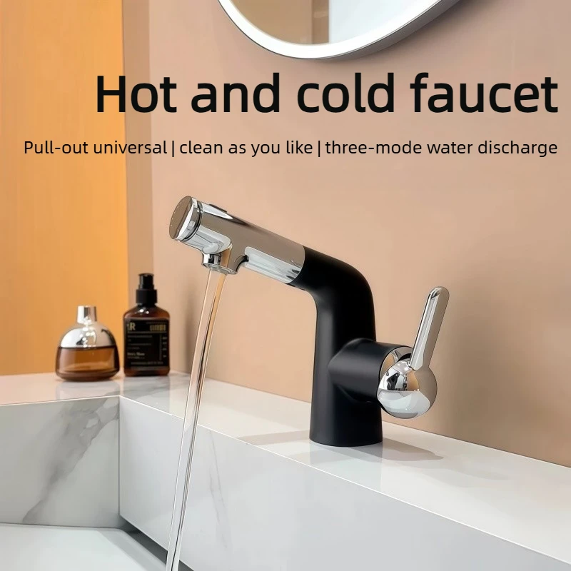 Pull-out Basin Faucet for Hot and Cold Water, Balcony Bathroom Sink, Anti-Splash Water Outlet for Home Use