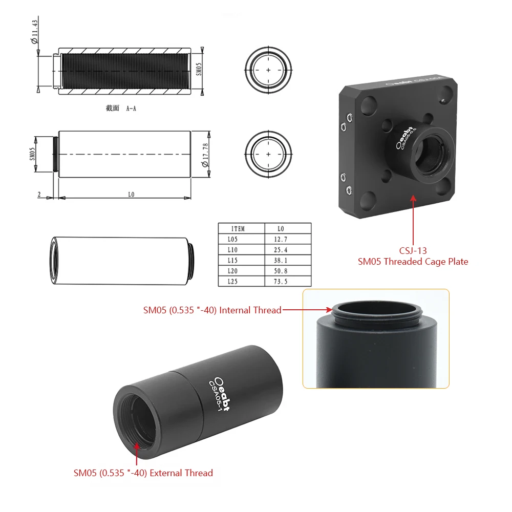 CSA05 Series Ø1/2" Stackable Lens Tubes SM05 Threaded Connector Extension Tube Shading Tube